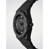 D1 Milano Polycarbon Diver Carbon Harbor dettaglio corona e cassa ottagonale in policarbonato nero PDBJ01