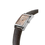 Frederique Constant Classics Carree Automatic vista laterale cassa acciaio con corona e cinturino pelle coccodrillo marrone FC-303SAL4C6