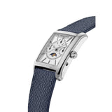 Frederique Constant Classics Carree Calendar Moonphase vista laterale cassa acciaio e corona, cinturino pelle blu granata FC-265S4C6
