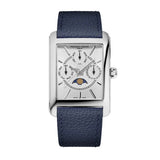 Frederique Constant Classics Carree Calendar Moonphase orologio completo quadrante argentato fasi lunari cinturino blu FC-265S4C6