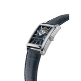 Frederique Constant Classics Carree Heart Beat Automatic vista laterale cassa acciaio e cinturino pelle blu coccodrillo FC-311N4C26