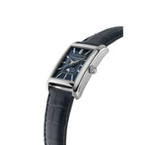 Frederique Constant Classics Carree Moonphase Automatic vista laterale cassa acciaio lucido, corona e cinturino pelle blu coccodrillo FC-333N4C6