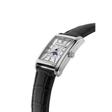 Frederique Constant Classics Carree Moonphase Automatic vista laterale cassa rettangolare acciaio e corona con cinturino nero FC-333S4C6