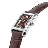Frederique Constant Classics Carrée Small Seconds vista laterale cassa acciaio lucido e corona, quadrante bordeaux FC-235BRG2C6