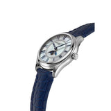 Frederique Constant Classics Elegance Luna vista laterale cassa acciaio, quadrante madreperla e cinturino blu alligatore FC-331MPWND3B6