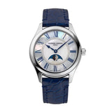 Frederique Constant Classics Elegance Luna quadrante madreperla bianco con fasi lunari, indici romani blu e cinturino pelle blu FC-331MPWND3B6