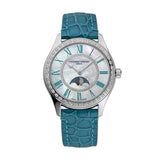 Frederique Constant Classics Elegance Luna quadrante madreperla bianco, lunetta diamanti, cinturino pelle blu FC-331MPWTD3BD6