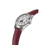 Frederique Constant Classics Elegance Luna vista laterale cassa acciaio, indici romani e cinturino alligatore bordeaux FC-331MPWRD3B6