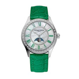 Frederique Constant Classics Elegance Luna quadrante madreperla bianco con diamanti, cinturino verde pelle FC-331MPWGRD3BD6