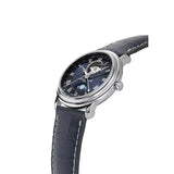Frederique Constant Classics Heart Beat Moonphase Date vista laterale cassa acciaio, quadrante blu e apertura heart beat FC-335MCNW4P26