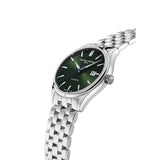 Frederique Constant Classics Index Automatic vista laterale quadrante verde sunburst e bracciale acciaio lucido FC-303GR5B6B
