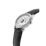 Frederique Constant Classics Index Business Timer vista laterale cassa acciaio e corona, cinturino coccodrillo nero FC-270SW4P26