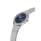 Frederique Constant Classics Moneta Moonphase vista laterale cassa acciaio con quadrante blu e bracciale milanese FC-206N3S6B