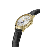 Frederique Constant Classics Moneta Moonphase vista laterale dettaglio lunetta scanalata e corona in PVD oro giallo FC-206S3S5