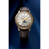 Frederique Constant Classics Moneta Moonphase quadrante argento soleil fase lunare con cinturino pelle marrone scuro coccodrillo FC-206S3S5