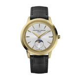 Frederique Constant Classics Moneta Moonphase quadrante argento soleil con fase lunare, cassa PVD oro giallo e cinturino nero FC-206S3S5