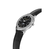 Frederique Constant Classics Moneta Moonphase vista laterale, lunetta scanalata e corona in acciaio con cinturino nero FC-206B3S6