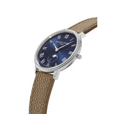 Frederique Constant Classics Quartz Moonphase vista laterale cassa acciaio lucido e fase lunare quadrante blu FC-206RN3S6