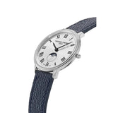 Frederique Constant Classics Quartz Moonphase vista laterale cassa acciaio sottile e cinturino pelle blu goffrata FC-206RS3S6
