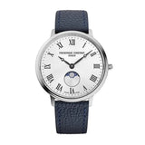 Frederique Constant Classics Quartz Moonphase quadrante argentato soleil numeri romani cinturino pelle blu FC-206RS3S6