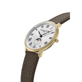 Frederique Constant Classics Quartz Moonphase vista laterale cassa oro giallo corona e cinturino pelle marrone granato FC-206RS3S5