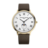 Frederique Constant Classics Quartz Moonphase quadrante argentato soleil numeri romani cassa oro giallo cinturino pelle marrone FC-206RS3S5