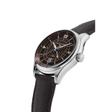Frederique Constant Classics Runabout Automatic GMT vista laterale dettaglio corona e cassa acciaio lucido con quadrante marrone FC-350RBR5B6