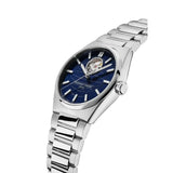 Frederique Constant Highlife Heart Beat Automatic vista laterale quadrante blu open heart e bracciale acciaio FC-310N4NH6B