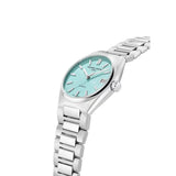 Frederique Constant Highlife Ladies Automatic vista laterale quadrante azzurro con corona e bracciale in acciaio FC-303LB2NH6B