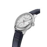 Frederique Constant Manufacture Classic Date vista laterale cassa acciaio 40mm e corona, cinturino blu alligatore FC-706S3H6