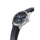 Frederique Constant Manufacture Classic Moonphase Date vista laterale cassa acciaio corona e quadrante blu sunray FC-716N3H6