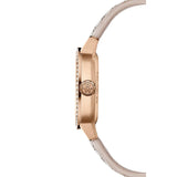 Raymond Weil Freelancer Cushion vista laterale cassa oro rosa PVD con corona RW e diamanti, cinturino pelle taupe 2496-C5S-40051