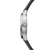 Raymond Weil Freelancer Date vista laterale cassa acciaio satinato corona con monogramma RW cinturino blu 2741-STC-30001