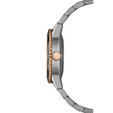 Raymond Weil Freelancer Diver vista laterale corona con logo RW in oro rosa e cassa acciaio spazzolato 2755-S51-97001