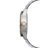 Raymond Weil Freelancer Diver vista laterale cassa acciaio corona oro rosa con monogramma RW e lunetta ceramica nera 2775-S51-20051