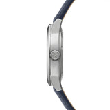 Raymond Weil Freelancer RW1212 vista laterale cassa acciaio satinato con corona incisa monogramma RW cinturino blu 2786-STC-60000