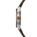 Raymond Weil Freelancer RW1212 vista laterale cassa acciaio e lunetta bronzo con corona RW e cinturino pelle marrone 2785-SBC-60000