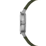 Raymond Weil Freelancer RW1212 vista laterale cassa acciaio spazzolato con corona RW e cinturino pelle verde 2790-STC-52051