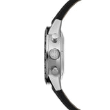 Raymond Weil Freelancer Tri-Compax Chronograph vista laterale cassa acciaio spazzolato con corona e pulsanti cronografo 7741-SC1-20021