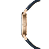 Raymond Weil Millesime Moonphase vista laterale cassa PVD oro rosa con corona incisa RW e cinturino pelle blu navy 2945-PC5-50001