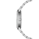 Raymond Weil Millesime Moonphase vista laterale cassa acciaio con corona incisa monogramma RW dettaglio profilo 2945-ST-65001