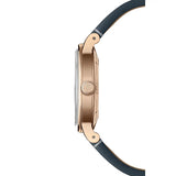 Raymond Weil Millesime Moonphase vista laterale cassa PVD oro rosa con corona incisa RW e cinturino pelle blu navy 2145-PC5-05650