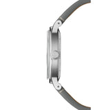 Raymond Weil Millesime Moonphase vista laterale cassa acciaio satinato con corona incisa RW e cinturino grigio 2945-STC-65001