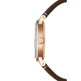 Raymond Weil Millesime Moonphase vista laterale cassa PVD oro rosa con corona scanalata monogramma RW e cinturino pelle marrone 2945-PC5-70001