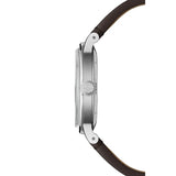 Raymond Weil Millesime Small Seconds vista laterale cassa acciaio satinato con corona incisa RW e cinturino pelle 2930-STC-05502