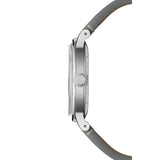 Raymond Weil Millesime Small Seconds vista laterale cassa acciaio satinato con corona incisa RW e cinturino grigio 2930-STC-65001