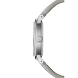 Raymond Weil Millesime Small Seconds vista laterale cassa acciaio satinato con corona monogramma RW e cinturino pelle grigio 2930-STC-05450