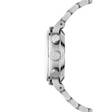 Raymond Weil Millesime Tri-Compax Chronograph vista laterale cassa acciaio, corona con monogramma RW e pulsanti 7765-ST-50651
