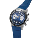 Vulcain Skindiver Chronograph Blue vista laterale cassa acciaio spazzolato, lunetta ceramica nera e corona 590176B37.BAR258