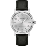 BULOVA Orologio Automatico Solo Tempo Uomo con Cassa Rotonda Quadrante Argento e Cinturino in Pelle Nero 96A244